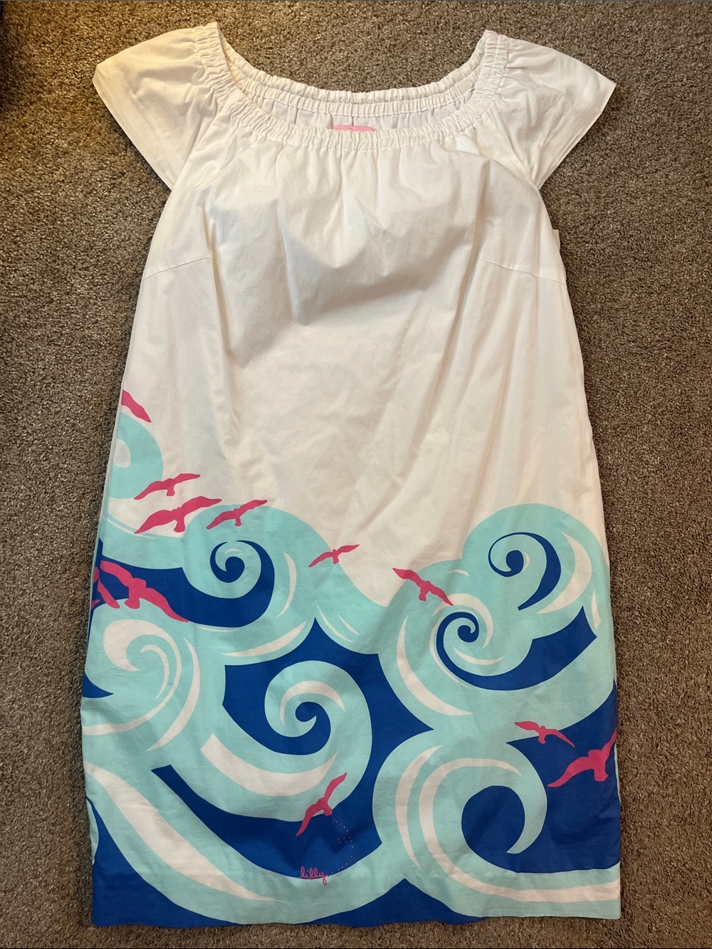 White Wave-Print Cotton Sundress with Pink Accents